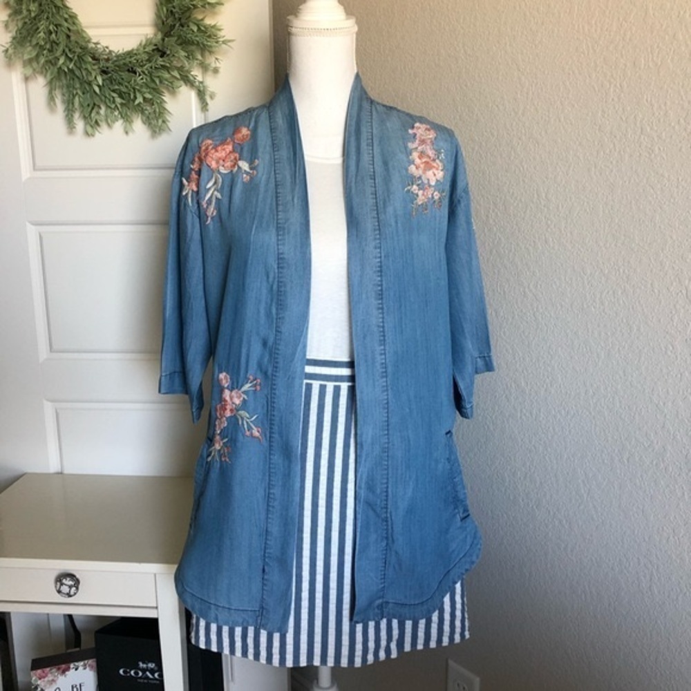 Soft‎ Surroundings Womens LP Floral Embroidered Chambray Tencel Open Front Top